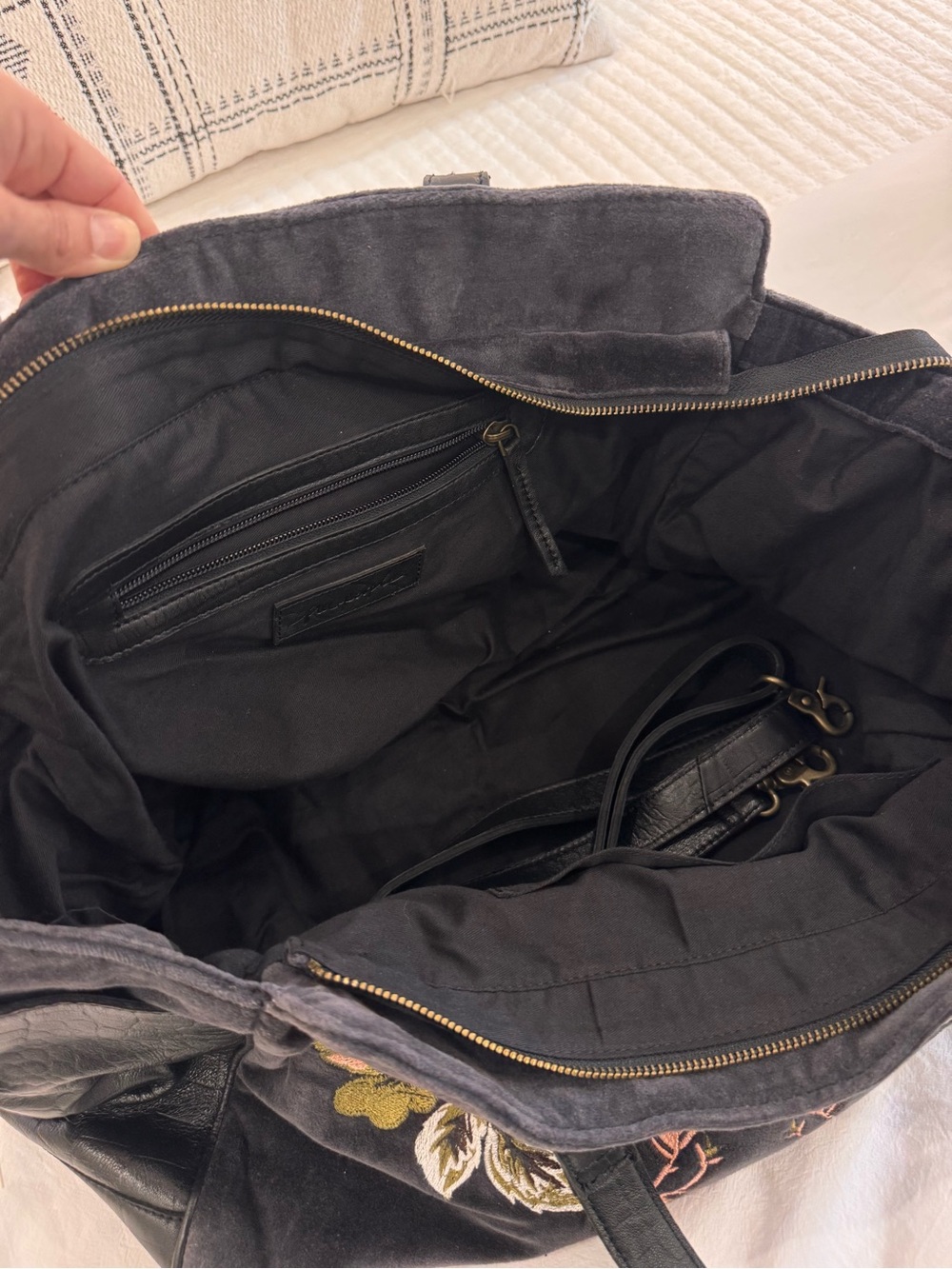 Free People Black Tote/ weekender bag with Pink and Gold Floral Embroidery - Picture 3 of 16